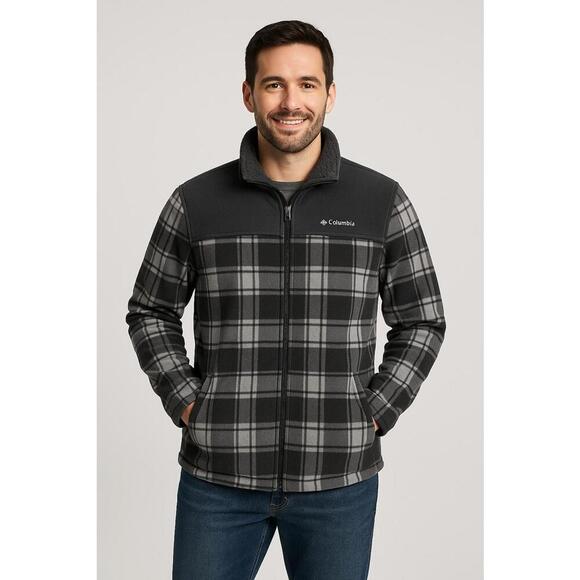 Columbia Other - Men’s XL Columbia Gray Plaid Fleece Jacket Nylon Yoke Full Zip Outdoor